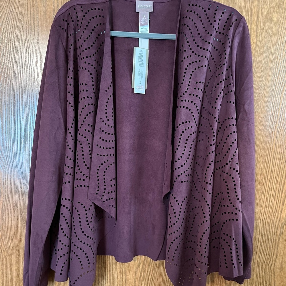 Chico’s size 3 (16) drape front suede plum NWT jacket